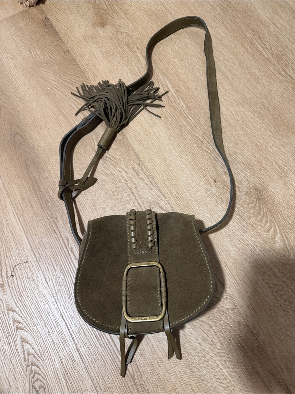 Ba&sh Olive Suede Crossbody Saddle Bag with Tassel